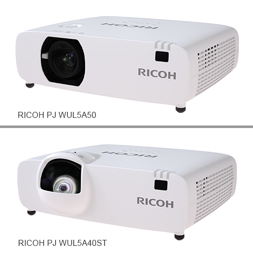 Kompaktowy projektor laserowy Ricoh pokazany z boku