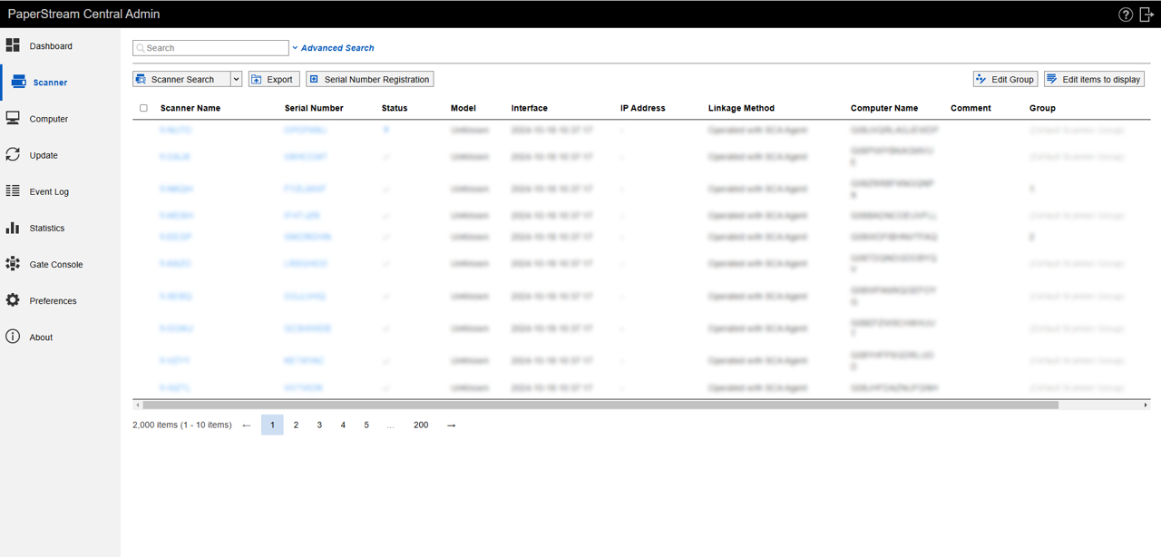 capture d'écran de la fonction de console de la porte d'entrée de PaperStream Central Admin